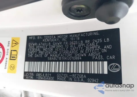 2019 Lexus Es 350 Luxury from USA, damaged, VIN 58ABZ1B1XKU010884